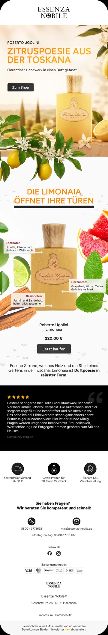 E-Mail-Design Essenza Nobile: Limonaia — Zitruspoesie aus der Toskana