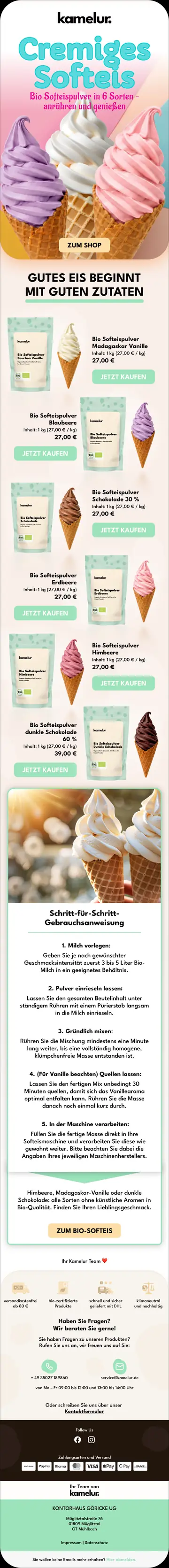E-Mail-Design Kamelur: Sortimentsvorstellung Softeis