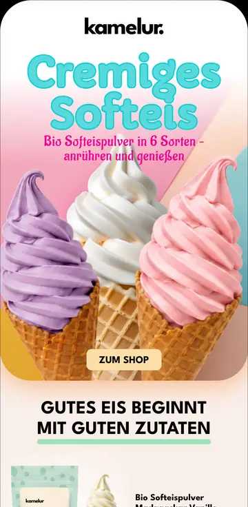 Kamelur email design: Soft-serve ice cream range presentation