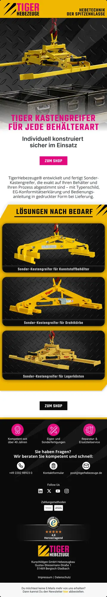 E-Mail-Design TIGER Hebezeuge: Kastengreifer für jede Behälterart