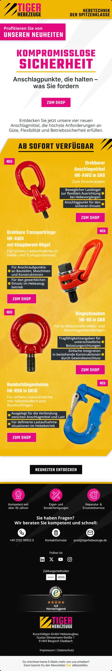 E-Mail-Design TIGER Hebezeuge: Neuheiten: Anschlagpunkte, die halten