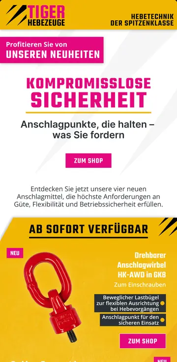 Email design for TIGER Hebezeuge: New products: Lifting points that hold