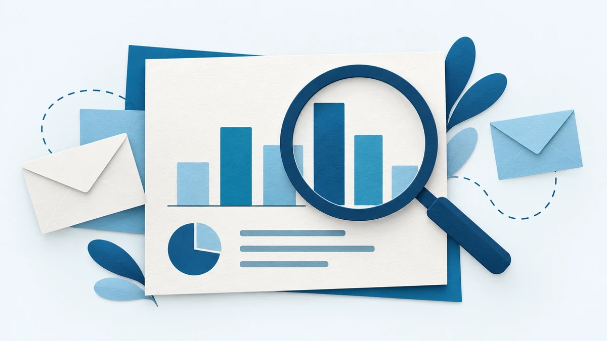 Illustration einer E-Mail-Auswertung mit Diagrammen und Lupe.