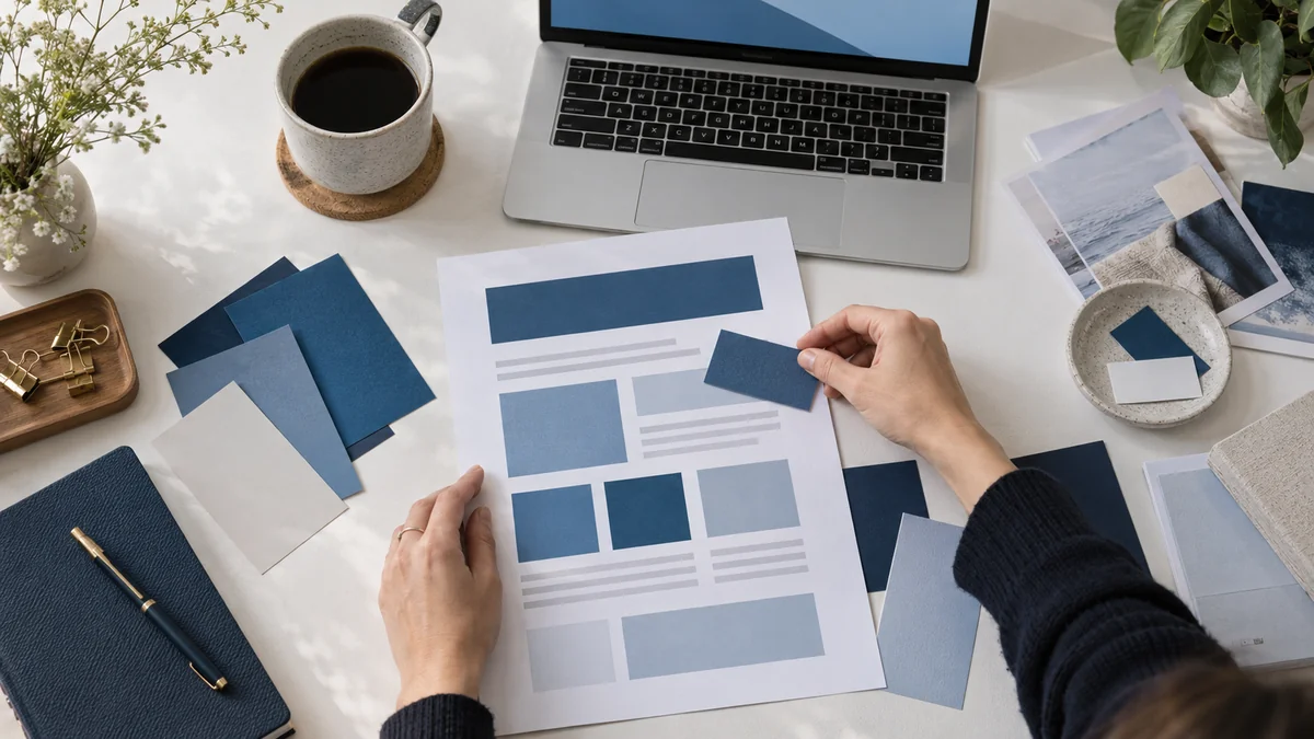 Arbeitsplatz für Newsletter-Gestaltung mit Layout-Entwürfen und Designmaterialien.