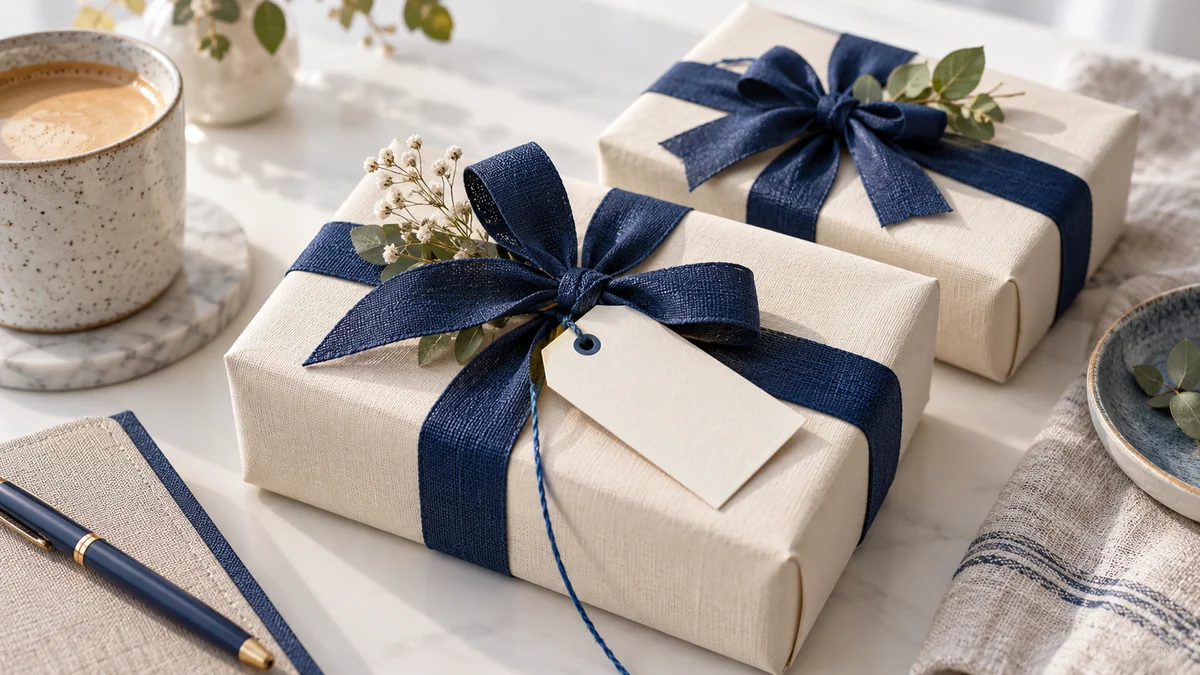 Gift parcels and a blank offer card as a seasonal newsletter occasion.